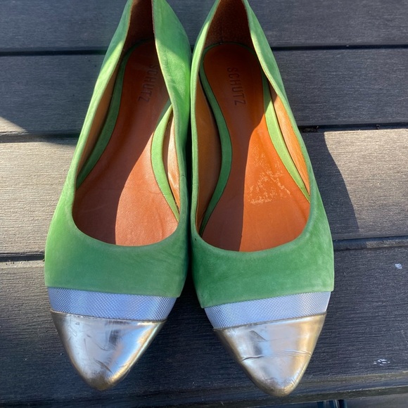 Schutz Cap Toe Flats Women Green Gold Size 9 - Picture 5 of 10
